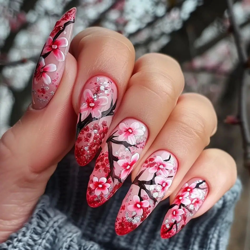24pcs/set Medium long fake nails yellow dragon flowers feather design for Spring summer Square almond tips press on false nail