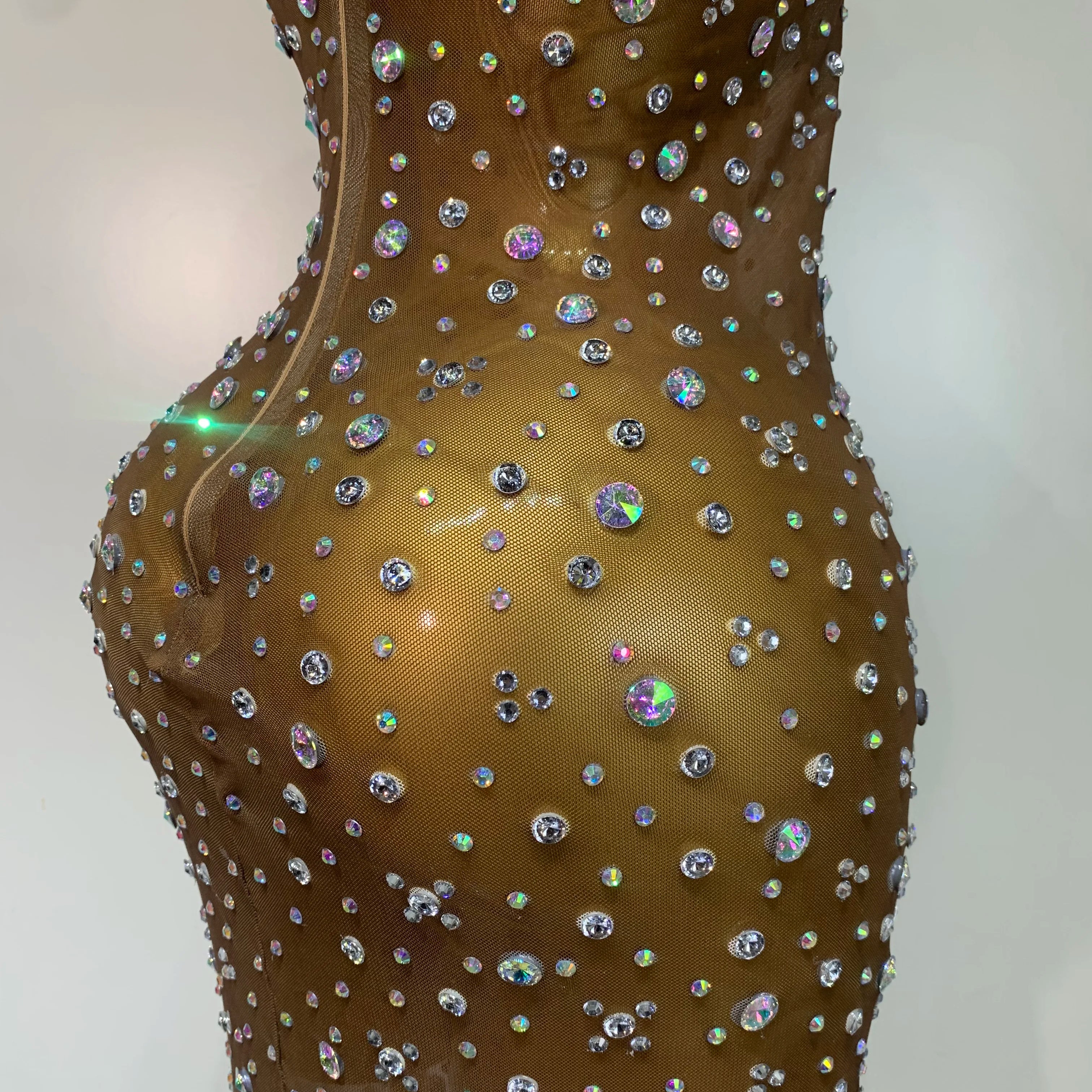 Sparkly Rhinestone Stretchy Mesh See Through Dress Women 2025 Performance Dancer Costume Luxury Birthday Nightclub Stage Outfit