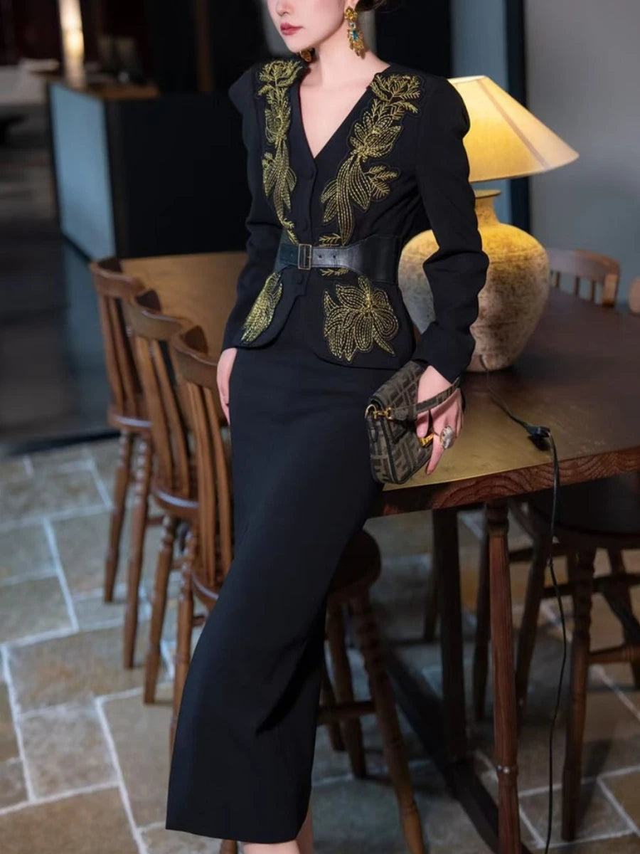 TWOTWINSTYLE Solid Spliced Appliques Two Piece Sets for Women V Neck Long Sleeve Top High Waist Split Skirts Elegant Set Female