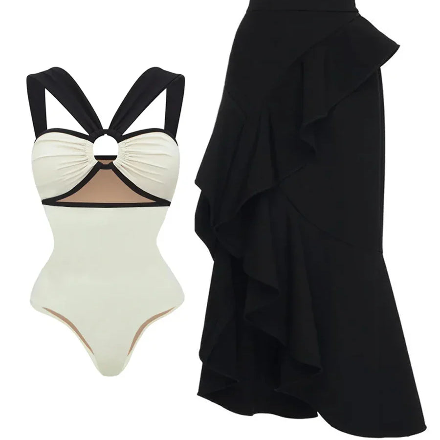 Milky White One-piece Swimwear Design Cut-out Stylish Elegant Swimsuit Body Fit Summer Vacation Seaside Swimsuit And Cover Up