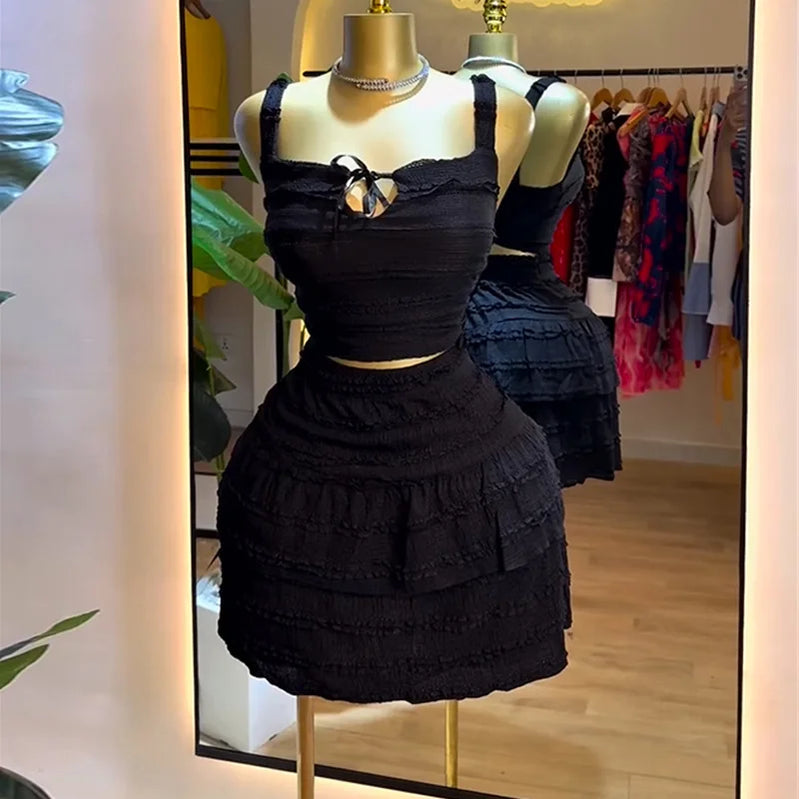 CM.YAYA Beach Boho Women's Set Strap Sleeveless Tank Top and Ruched Mini A-line Skirts Two 2 Piece Sets 2025 Summer Outfits