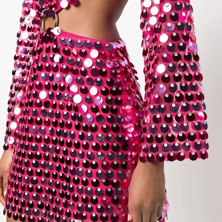 DEAT Fashion Trendy Women's Hollow Out Sequins Irregular Dress Spring New O-neck Long Sleeves Dresses Female 33A1208