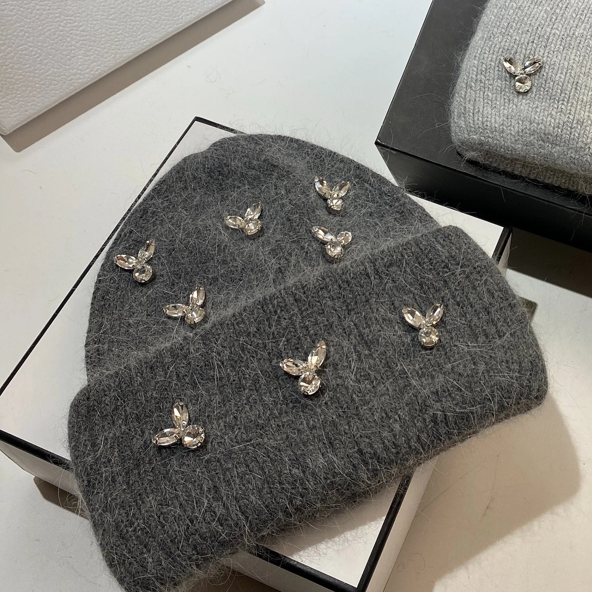 Luxury Rhinestones Fashion Women's Winter Hats Real Rabbit Fur Lady Warm Knitted Hat Outdoor Wool Skullies Beanies Skiing Caps dark grey