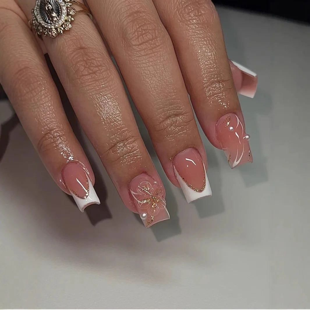 24pcs Simple Flower Press on Nails Sets Orange French Mid-length Square Fake Nail Tips Reusable False Nail Art Finished Manicure