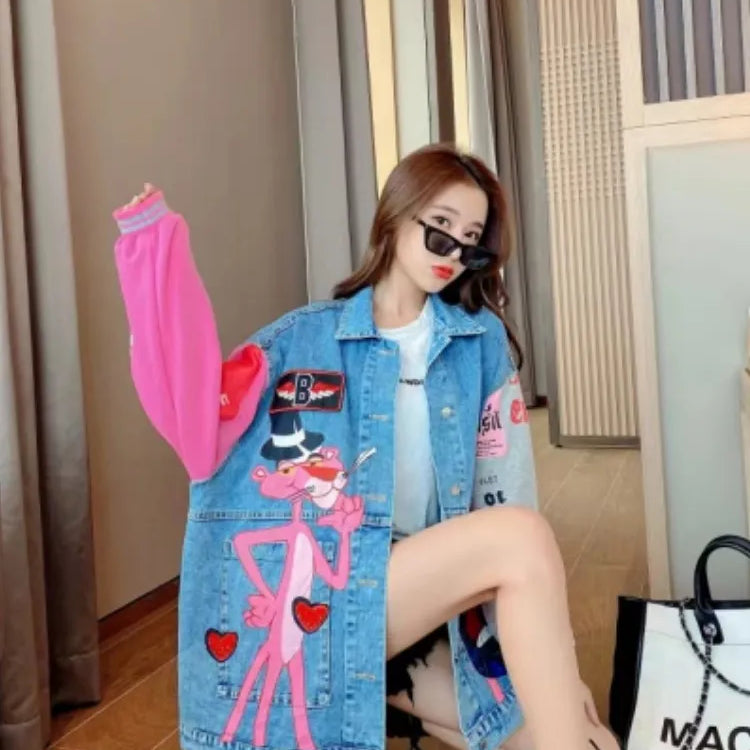 Spring Autumn Women Fashion Sequins Cartoon Leopard Denim Jackets Loose Lady Streetwear Coats Chic Outwear