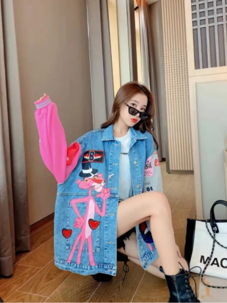 Spring Autumn Women Fashion Sequins Cartoon Leopard Denim Jackets Loose Lady Streetwear Coats Chic Outwear