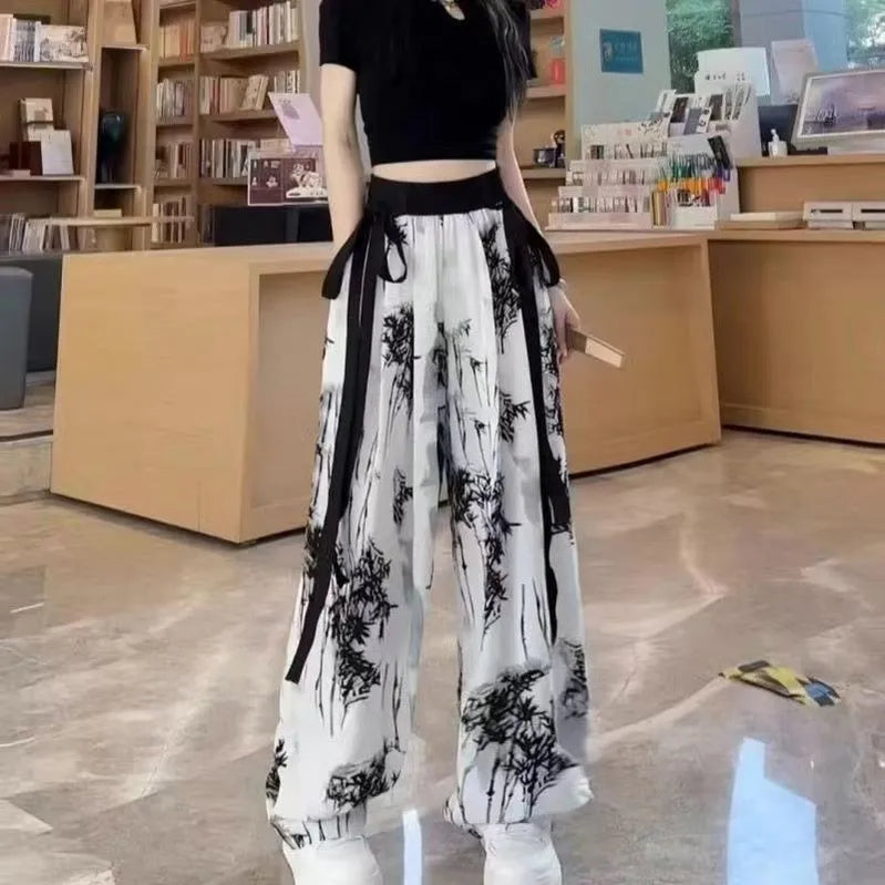 Korean Style Two-piece Patchwork Short Sleeved T-shirt with Ink Painting Wide Leg Pants Two-piece Female Student Pants Set only pants