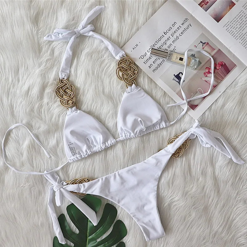 Sexy Hand Knitted Bikini Push Up Swimwear Women Brazilian Bikini Swimsuit Halter Biquini Two Pieces Bathing Suit