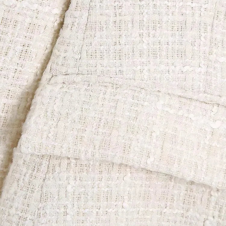 Women Fashion Tweed Double Breasted Blazer Coat Vintage Long Sleeve Flap Pockets Female Outerwear Chic Veste Femme