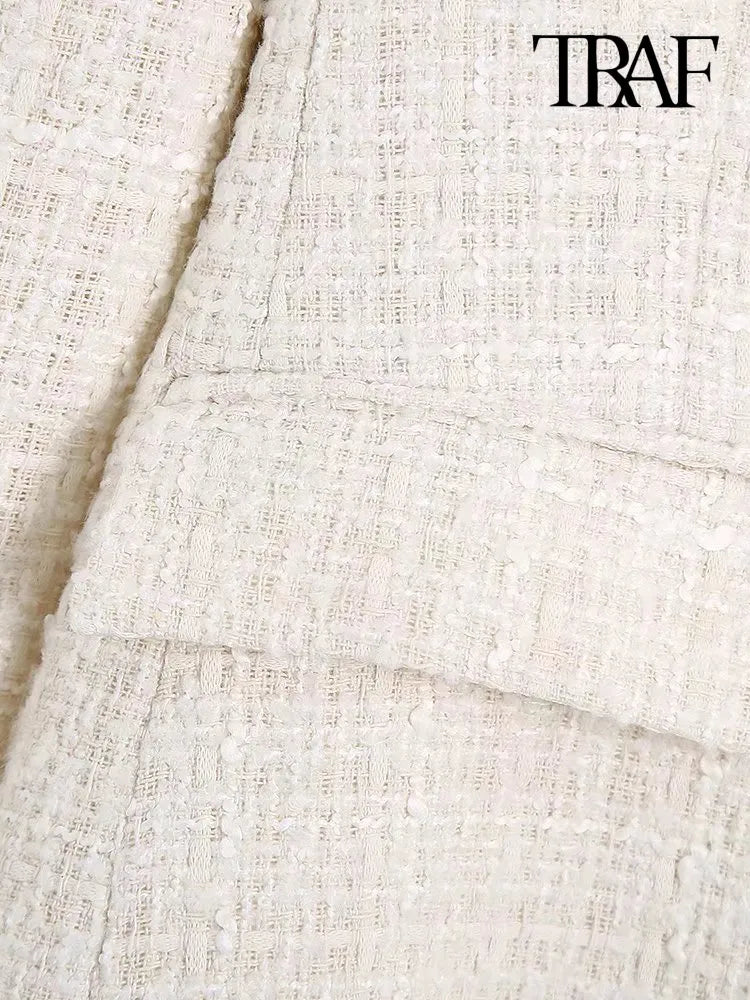 Women Fashion Tweed Double Breasted Blazer Coat Vintage Long Sleeve Flap Pockets Female Outerwear Chic Veste Femme