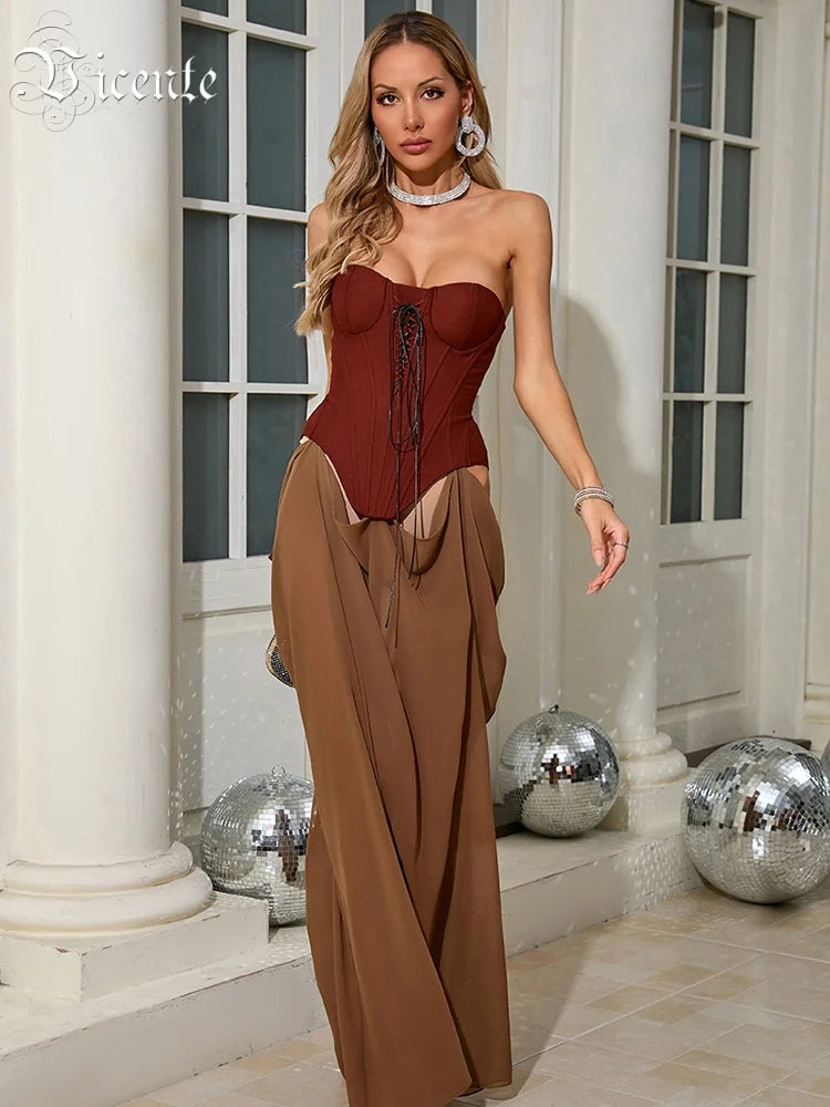 VC Vintage-Inspired Strapless Corset Top & Sheer Dress for Evening Dinners Party Gown