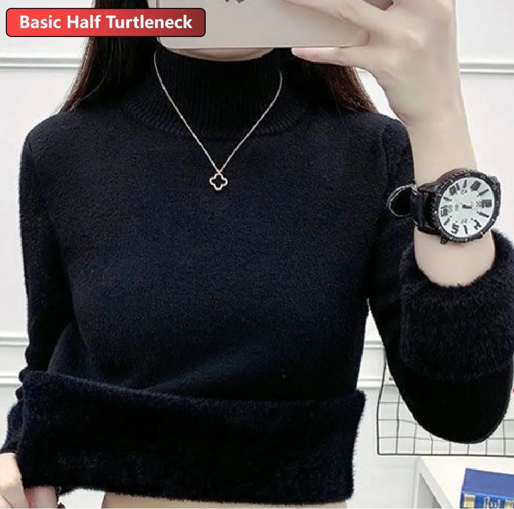 Turtleneck Winter Sweater Women Elegant Thicken Velvet Lined Warm Sueter Knitted Pullover Slim Tops Jersey Knitwear Jumper New HT black