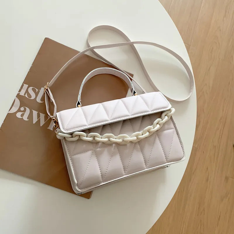 Solid Plaid Crossbody Bags For Women, Chain Decor Fashion Shoulder Bag Ladies Handbag WHITE 21x15x7cm