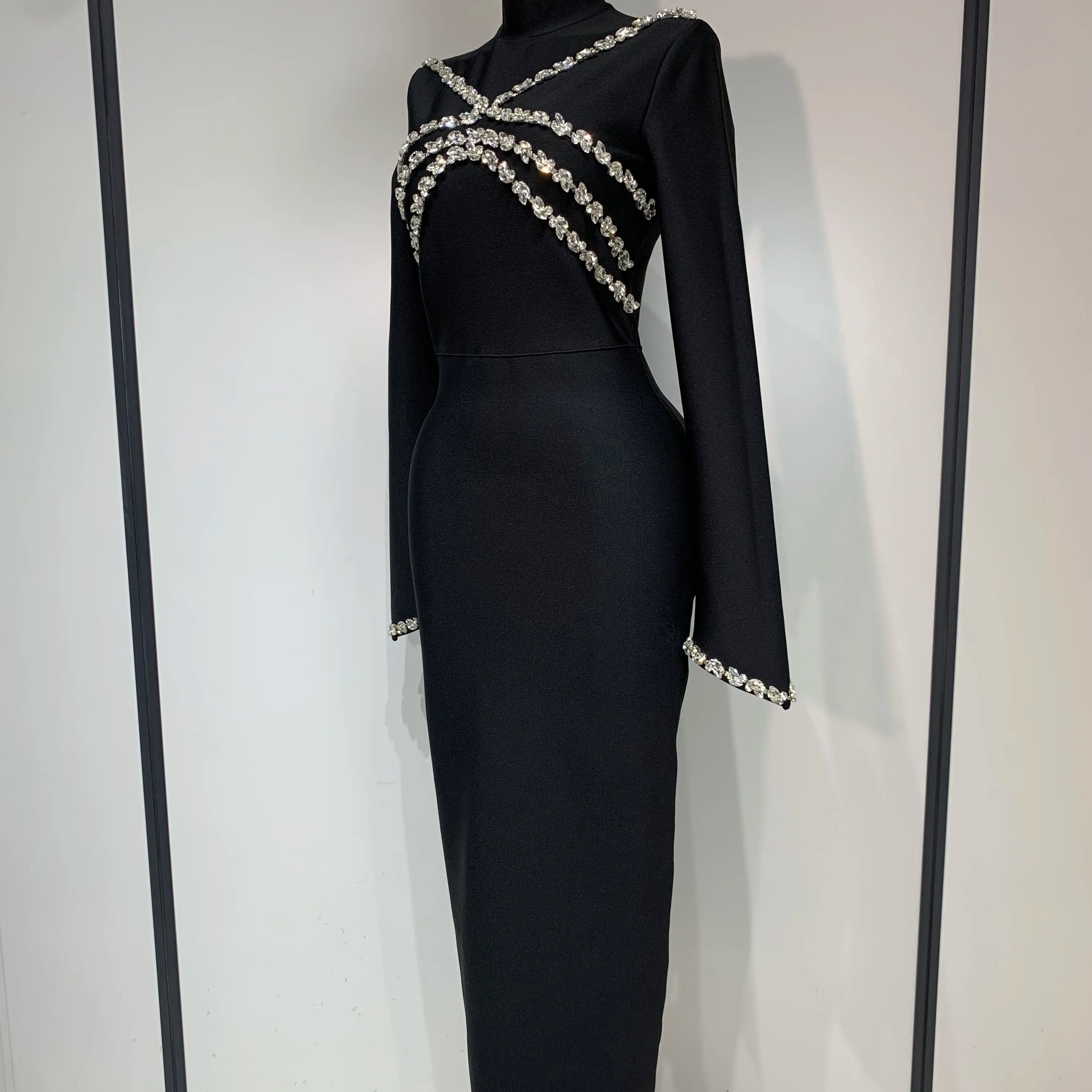 High Quality Women Long Sleeve Shinning Crystal Bodycon Long Bandage Dress Celebirty Elegant Evening Party Luxury Birthday Dress
