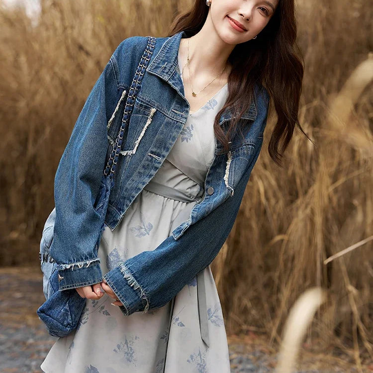 Women's Denim Coat with Raw Edge Autumn Korean Loose Pocket Embroidery Polo Neck Streetwear Casual Jacket