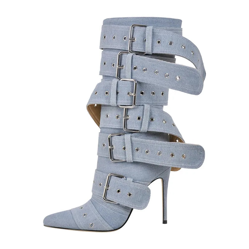 Women Pointed Toe Mid-Calf Boots Buckle Strap Thin High Heel Lady Zipper Female Stiletto Boots CD230841C