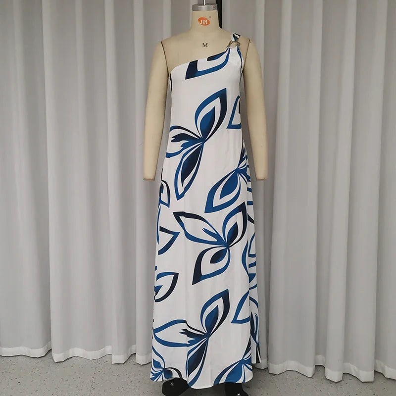 Ellafads Long Dress Women Casual Simple Printed One Shoulder Strap Sleeveless Loose Summer Holiday Beach Maxi Dresses Streetwear