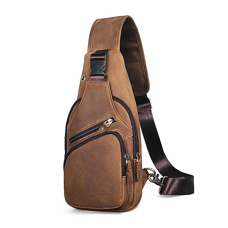 Men Original Crazy horse Leather Casual Triangle Crossbody Chest Sling Bag Design Travel One Shoulder Bag Daypack Male 8015 brown 5