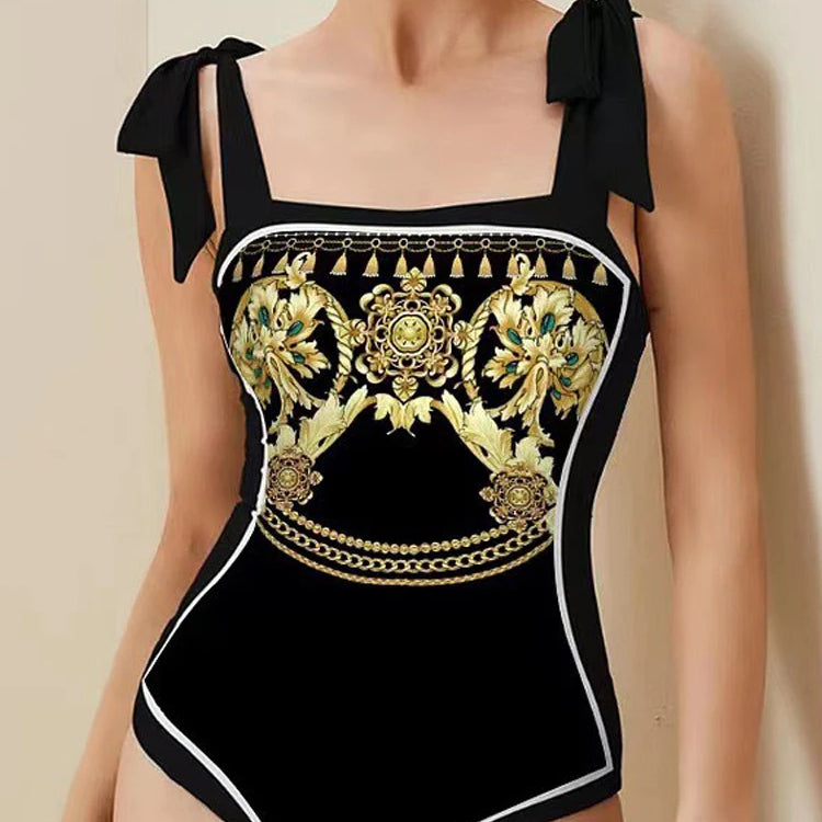 2024 New Fashion Double Sided Printed Lace Up One Piece Swimsuit Women 2023 Sexy High Waisted Lace Up Bikini Swimsuit Cover Up swimsuit CHINA