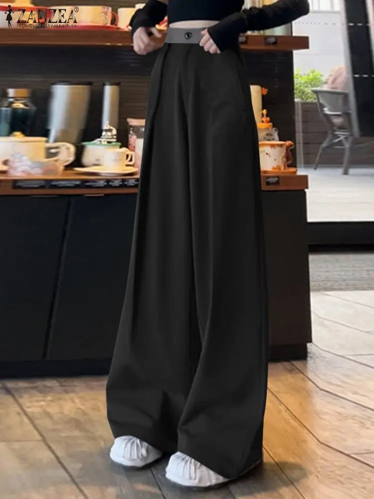 Women Pleating Pantalons Korean High Waist Pants Vintage Wide Leg Long Trouser Casual Loose Colorblock Streetwear Pants