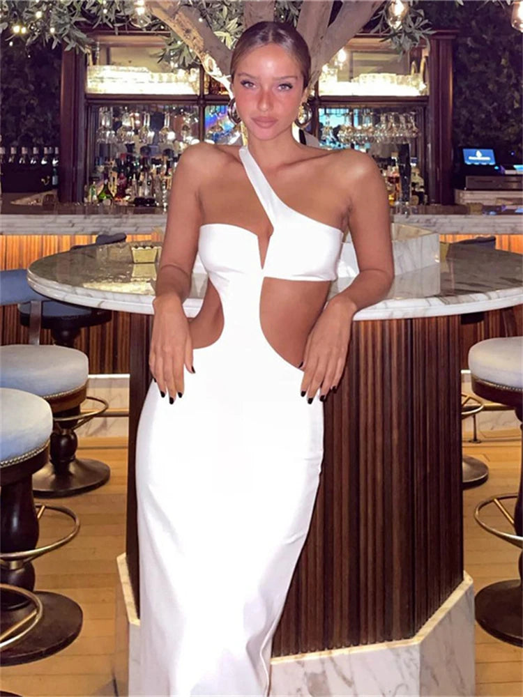 Kliou Off Shoulder Sexy Hollow Out Maxi Dress Women Concise Solid Sleeveless Body-shaping Vestido Female Evening Party Clothing WHITE