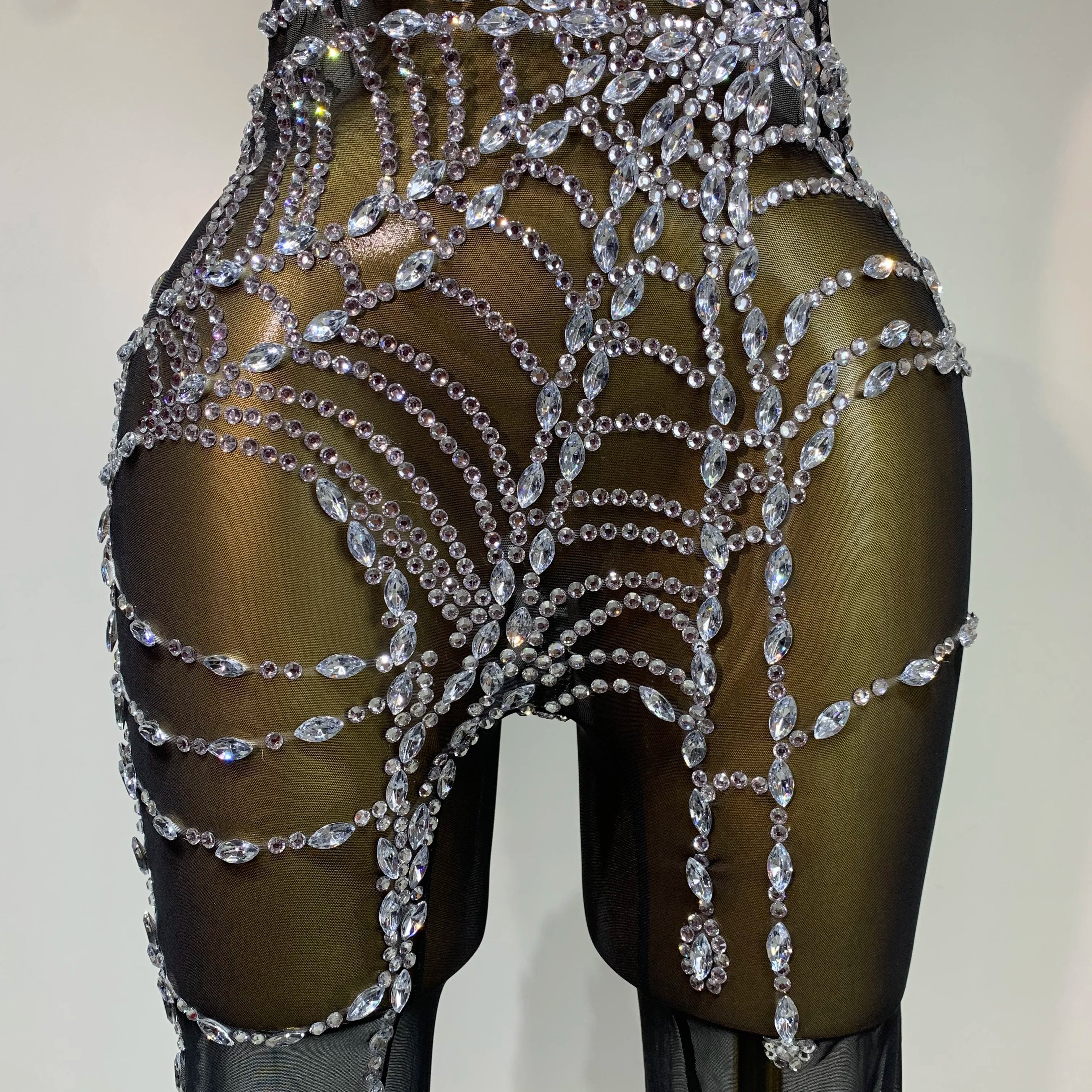 STOCK Sparkly Diamond Women Sexy Mesh Jumpsuit Nightclub Bar Party Show Gogo Dancer Clothing Drag Queen Outfit Stage Costume