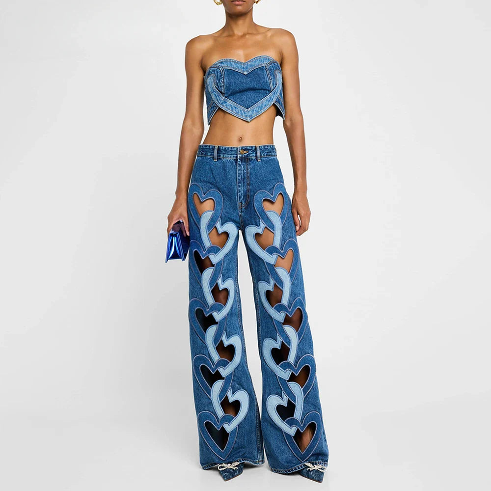 Soild Two Piece Sets for Women Straplelss Sleeveless Vest High Wiast Patchwork Hollow Out Jeans Elegant Set Female