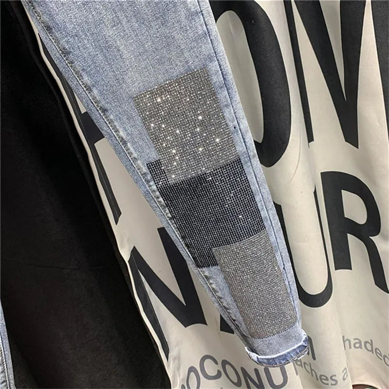 Streetwear Women Clothing High Waist Beading Jeans New Thin Slim Sequined Female Pencil Denim Pants Spring Summer Pantalon Femme