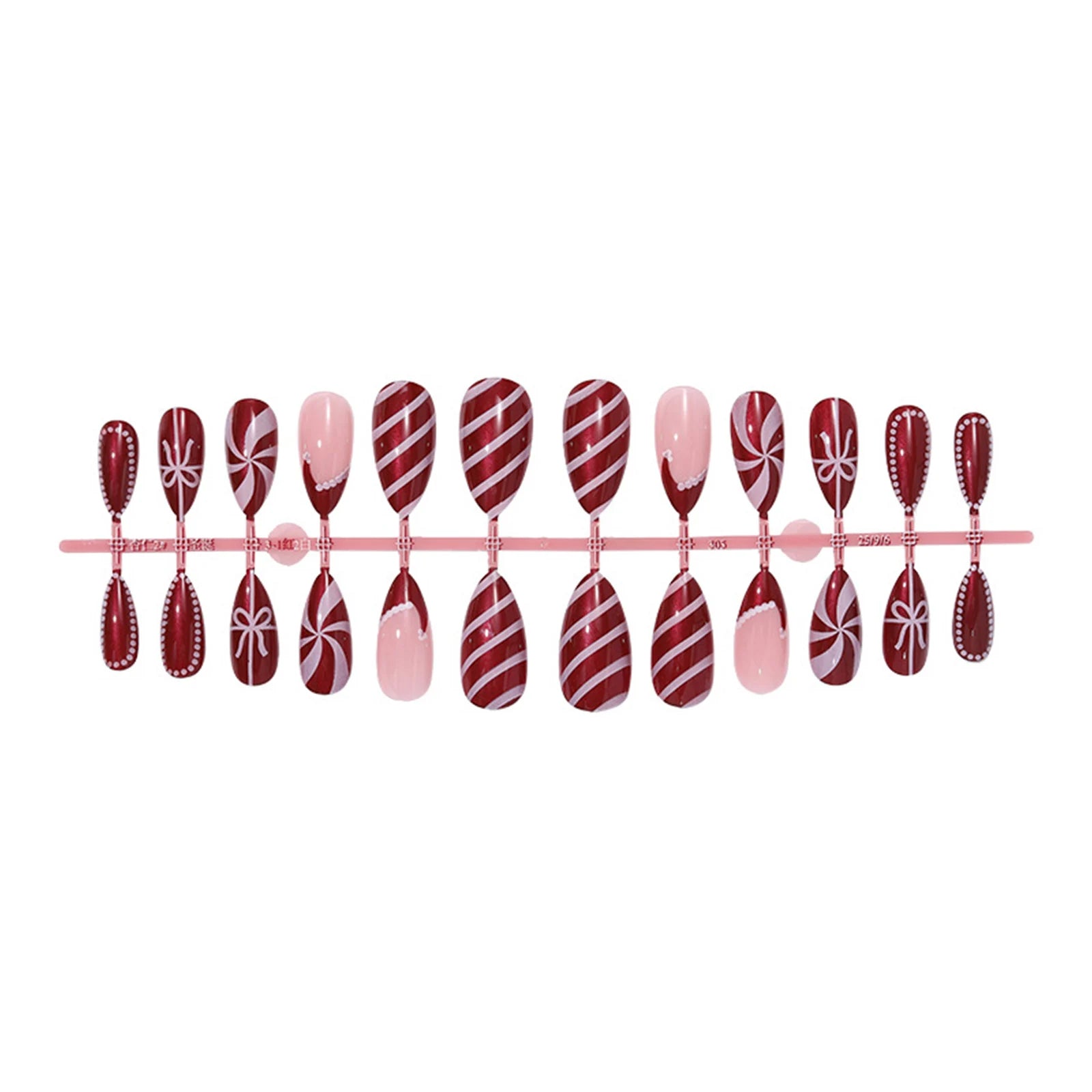Women Christmas Party Wine Red Fake Nails 24Pcs Almond Press On Nails Xmas Hat French False Nail Bowknot/Dot Printed Nails Art