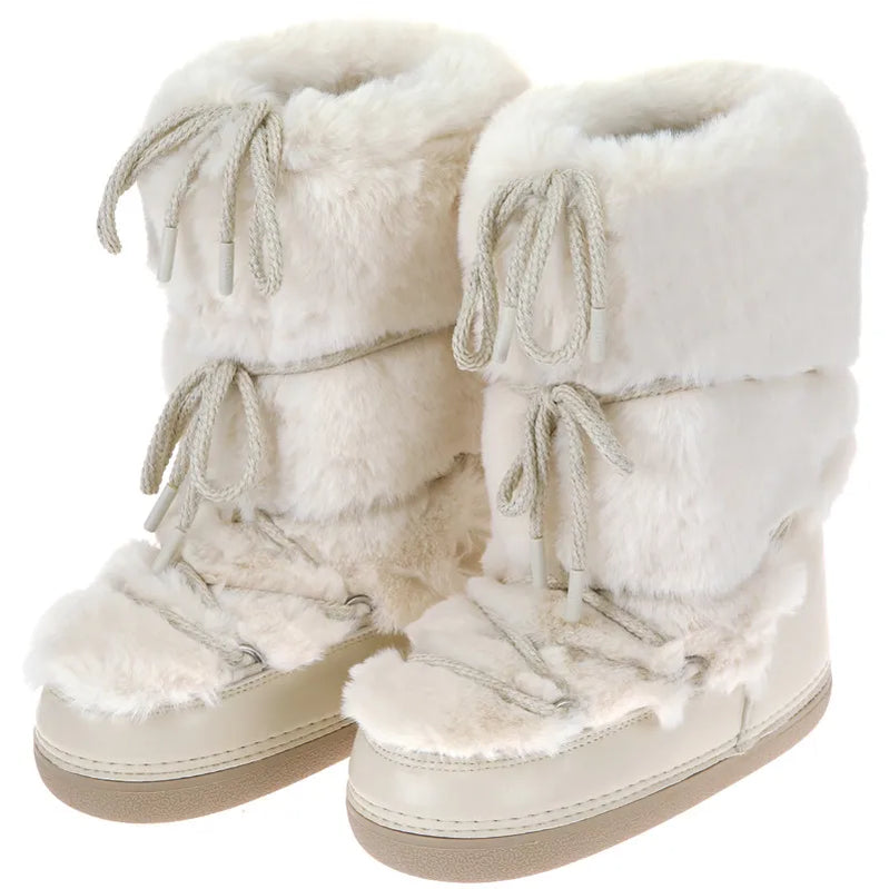 Winter Fur Boots Snow Boots Women Ski Boots Fluffy Hairy Lace Up Middle Calf Platform Flat With White Cotton Boots