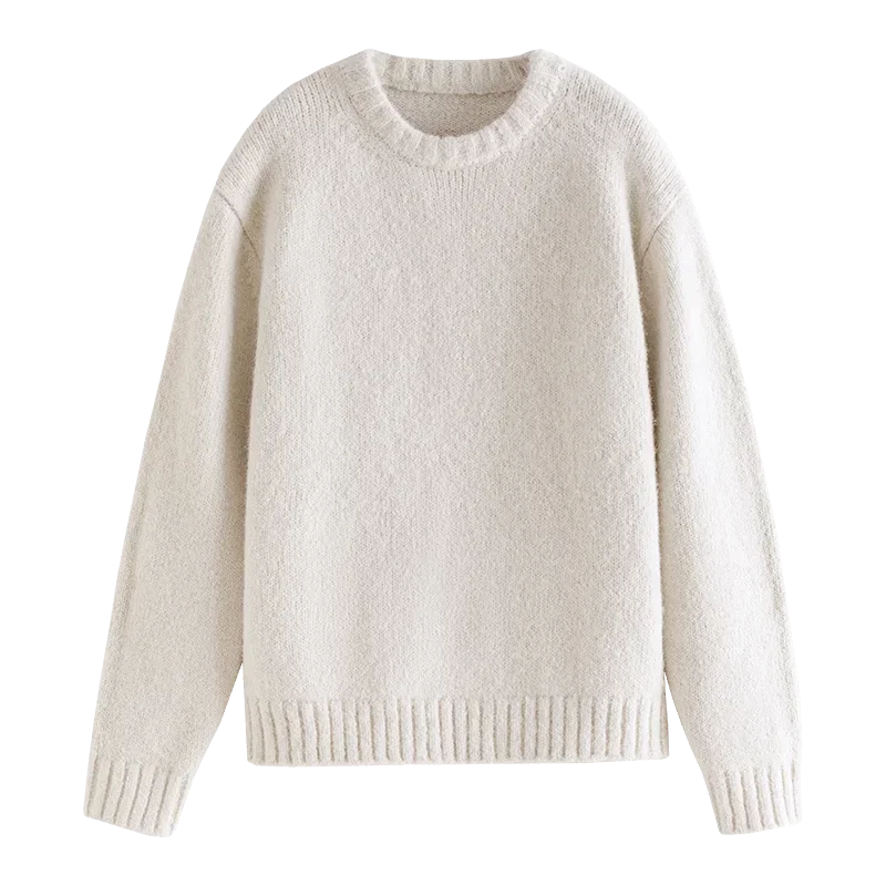 Warm Soft Waxy Round Neck Pullover Sweater for Women Winter All-match Loose Sweater Female Creamy-white