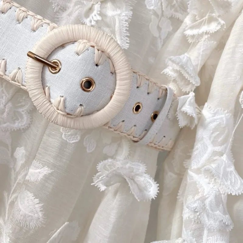 Women Dresses Party Holiday Luxury Top Qaulity 3-piece White O-neck Half Sleeve A-line Long Dress with Belt Australian Designer