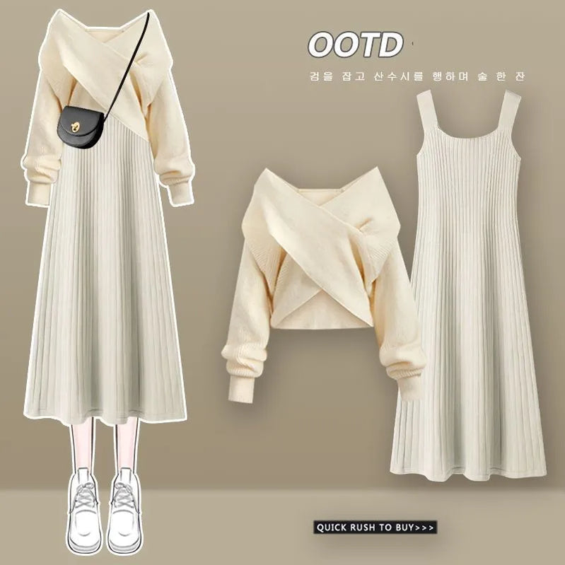 Women's Autumn Winter Knit Dress Two Piece Fashion Cross Sweater+Suspended Skirt Matching Set Korean Elegant Chic Suit Set 02