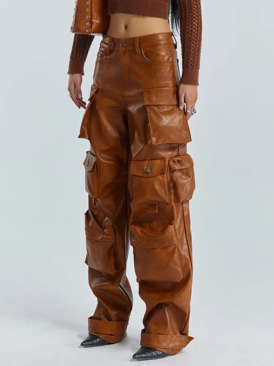 GetSpring Women Leather Pants Capris 2023 Autumn Multi Pockets High Waist Trousers Loose Casual All Match Long PU Cargo Pants