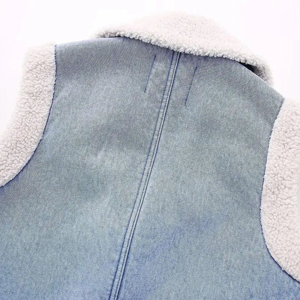 Women Fashion Turn Down Collar Lamb PatchworkWashed Denim Vest Jacket Female Sleeveless Pockets WaistCoat Tops