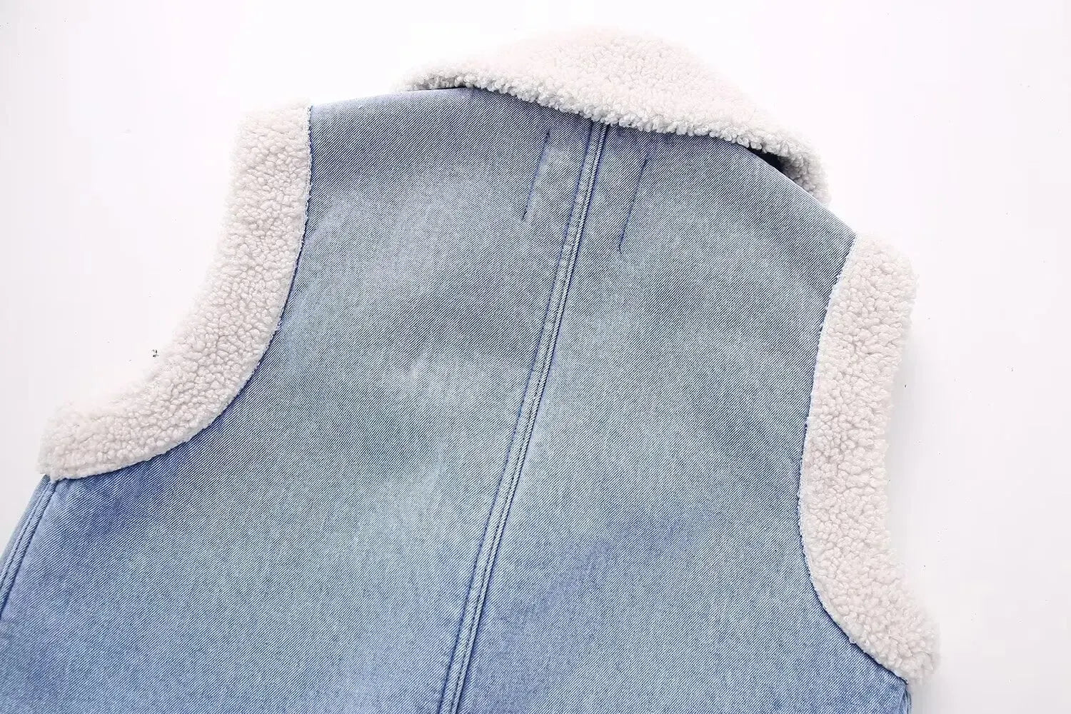 Women Fashion Turn Down Collar Lamb PatchworkWashed Denim Vest Jacket Female Sleeveless Pockets WaistCoat Tops