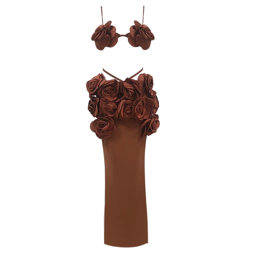 Cor marrom feminina sexy alça floral bandagem tops 2 peças bodycon vestido longo boate festa celebrar sessão de fotos usar