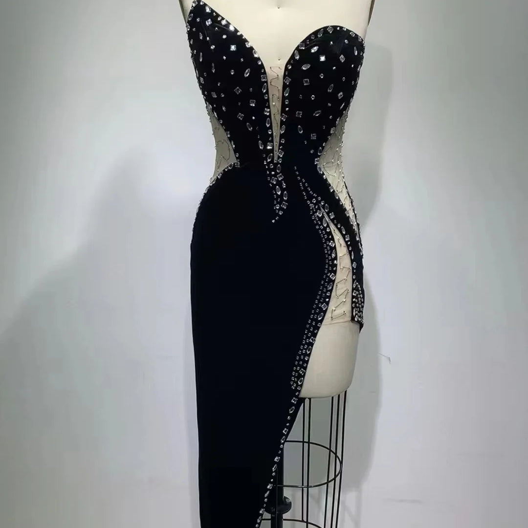 High Quality Celebrity Black Strapless Crystal Long Bodycon Velvet Dress Elegant Evening Party Dress Vestidos