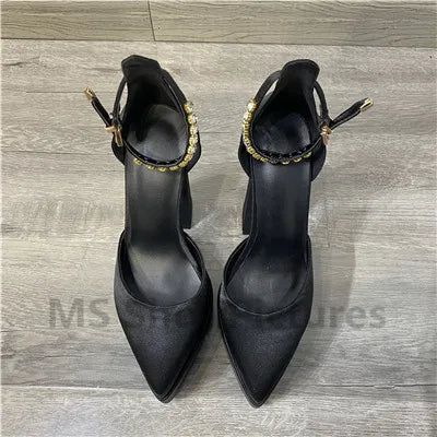 Luxury Women High Heel Shoes Platform Sandals Pointed Toe Woman Silk Pumps Sexy Rhinestone Buckle Chunky Heel Wedding Shoes