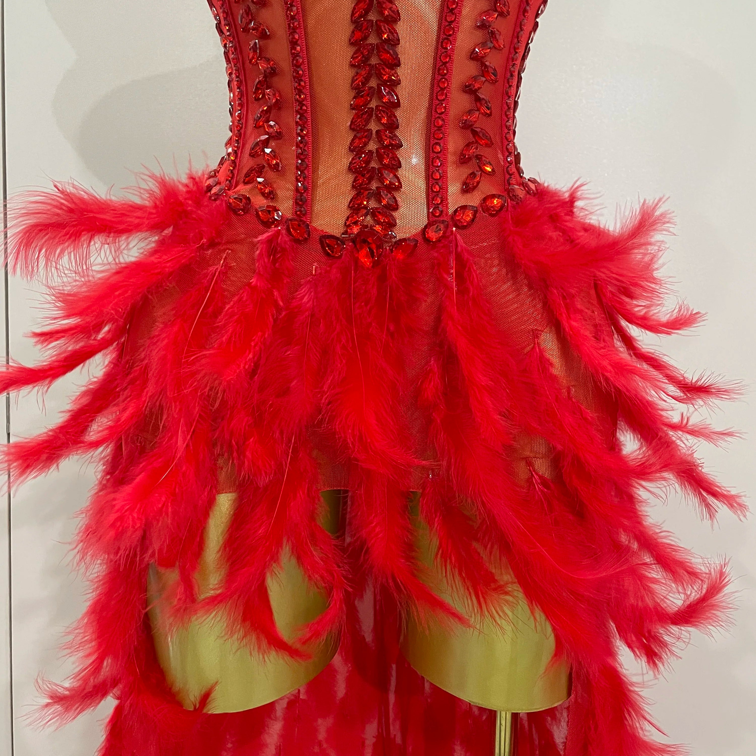 Luxury Sparkly Rhinestones Feathers Long Tail Dress Sexy Mesh Transparent Stage Bodysuit Evening Party Celebrate Birthday Dress