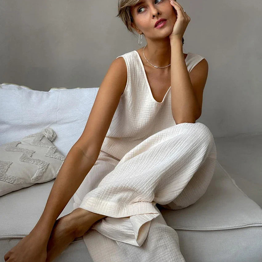 Clacive Casual Loose Beige Cotton 2 Piece Sets Women Outfit Fashion Sleeveless Tank Top With High Waist Wide Pants Set Homewear