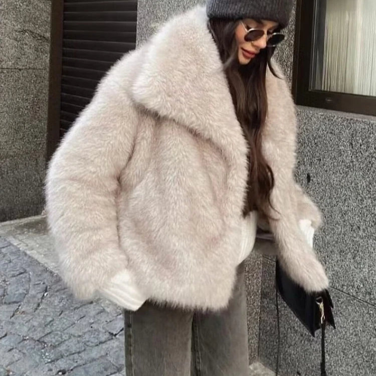Women's Faux Fur Cropped Jacket Coat Autumn Winter New Lapel Long Sleeve Thick Warm Soft Jacket Female Chic Warm Outerwear