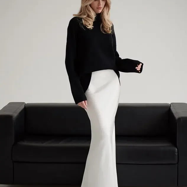 Wolfeel Casual Satin Women'S Skirt Spring Summer Fashion Loose High Waist Maxi Skirts Elegant Simple Slik Fishtail Skirt WHITE