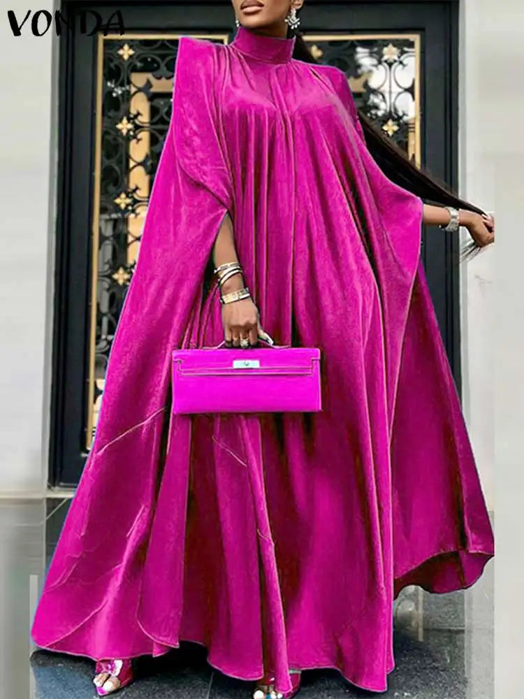 5XL Plus Size Women Dress Stand Collar Elegant Satin Dress Long Bat Sleeve Evening Pleated Maxi Sundress Casual Robe Rose