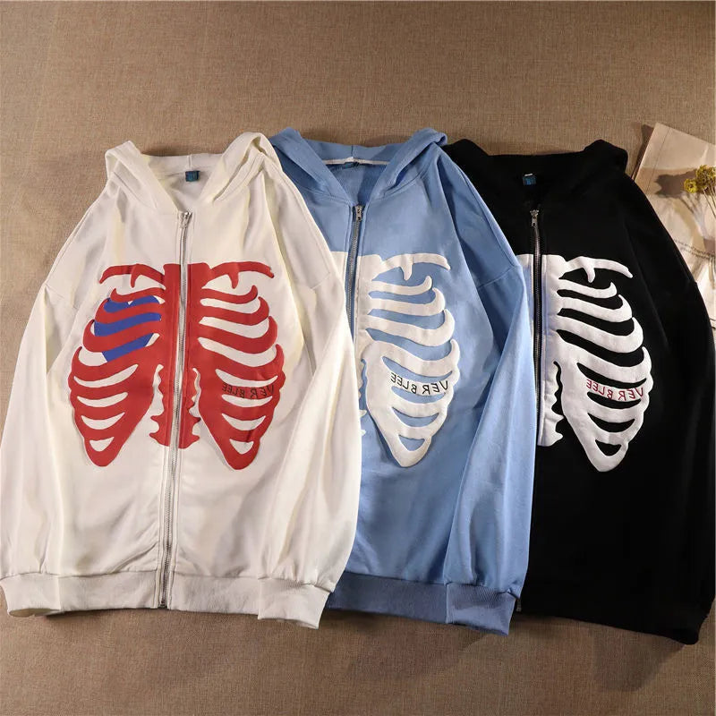 Y2K Skeleton Hoodies Women Vrouwen Gothic Zwart Zip Up Oversized Sweatshirt Dames Retro Harajuku Capuchon Streetwear Tops