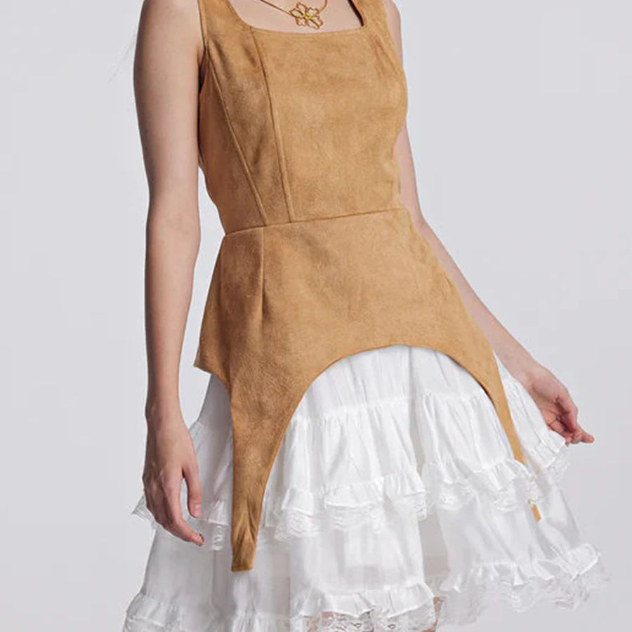 TWOTWINSTYLE Colorblock Slimming Temperament Dresses for Women Square Neck Sleeveless Patchwork Ruffles Fold Dress Female New