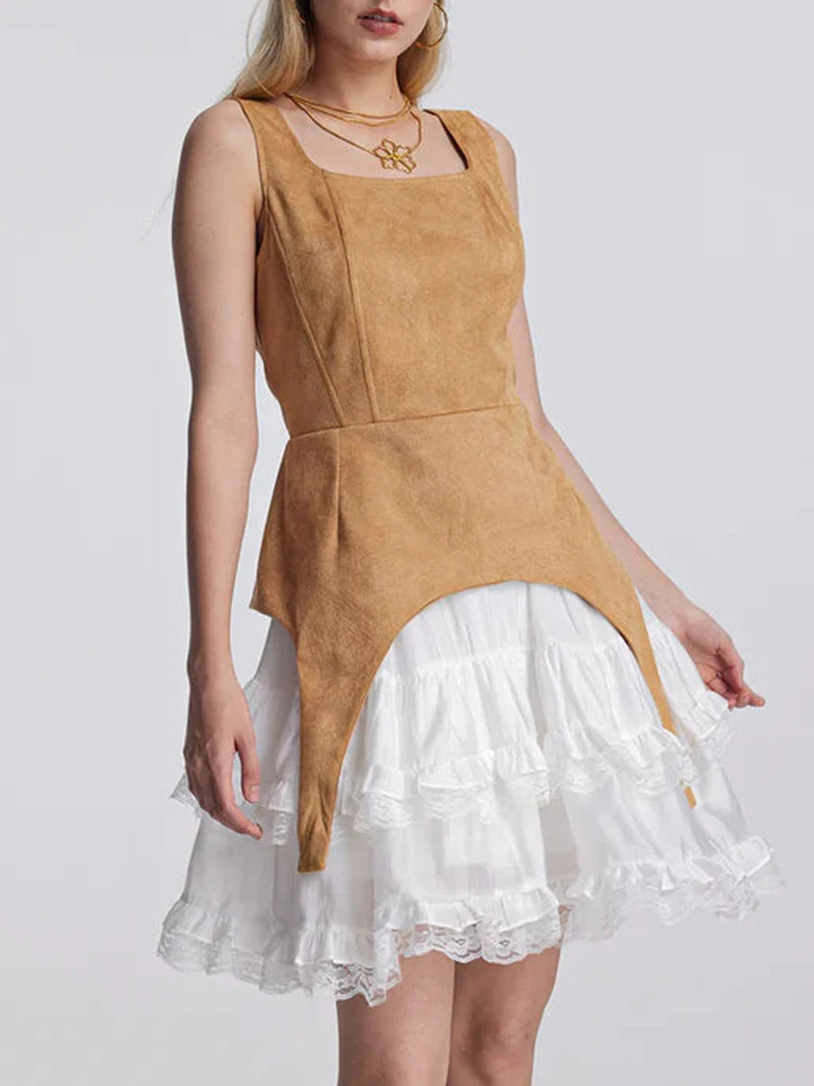 TWOTWINSTYLE Colorblock Slimming Temperament Dresses for Women Square Neck Sleeveless Patchwork Ruffles Fold Dress Female New