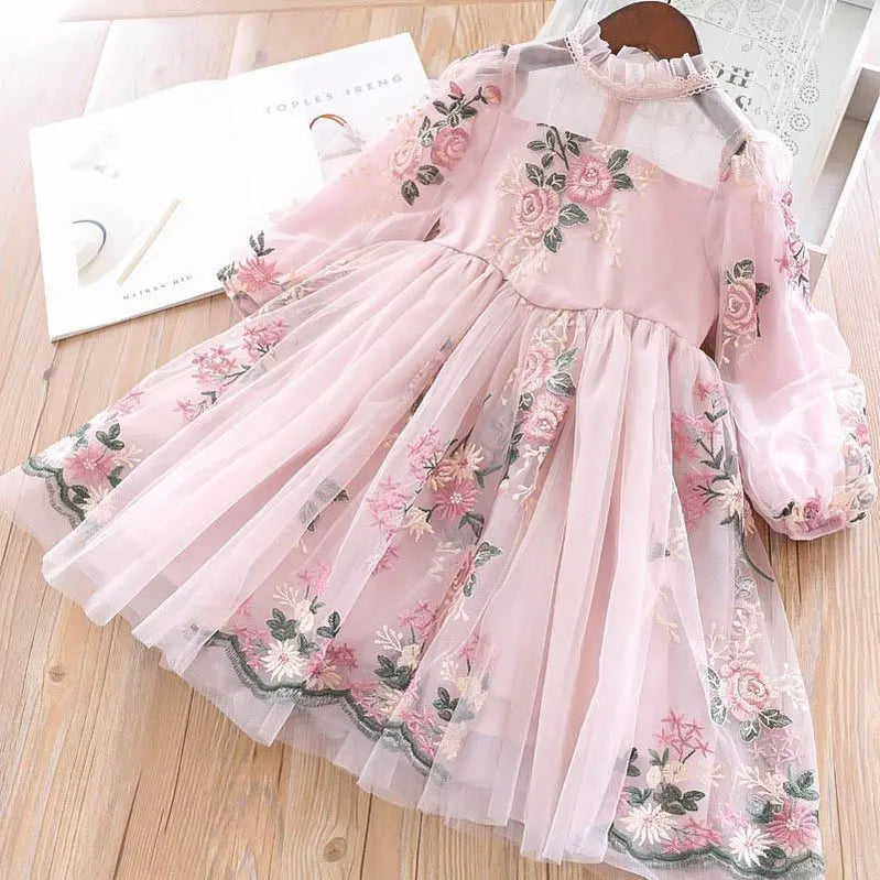 Elegant Flower Girls Dress Wedding Party Princess Dress Casual Kids Clothes Lace Long Sleeves Dress Children's Vestidos For 3-8T 924 pink