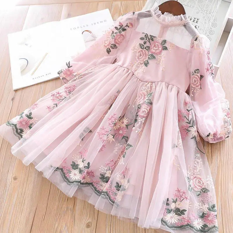 Elegant Flower Girls Dress Wedding Party Princess Dress Casual Kids Clothes Lace Long Sleeves Dress Children's Vestidos For 3-8T 924 pink