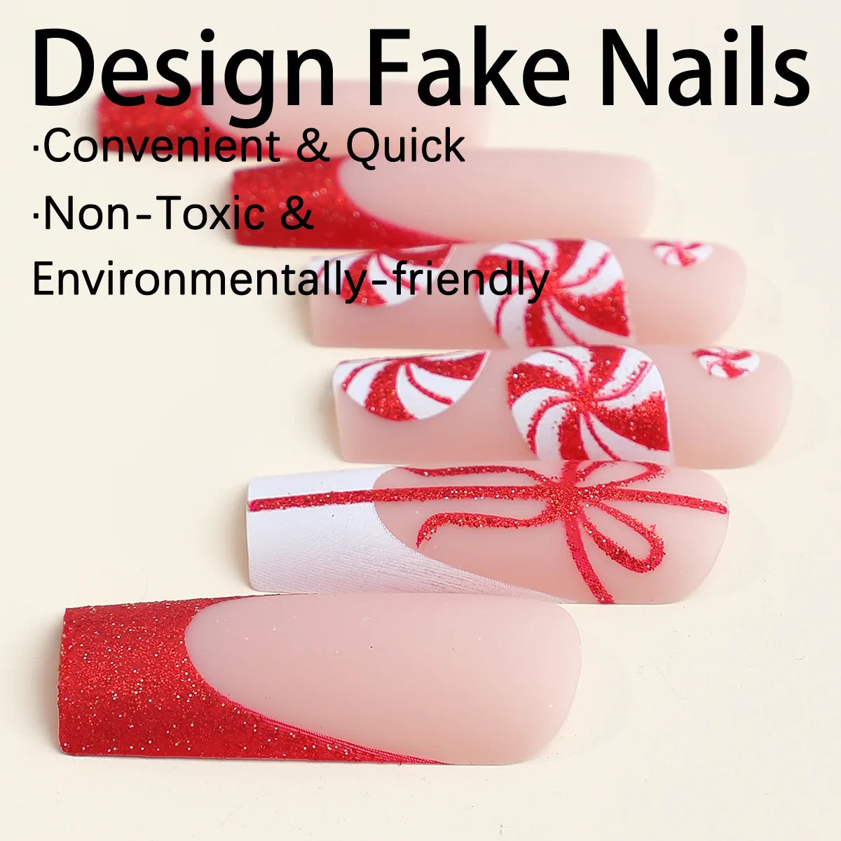 24pcs Christmas Bow and Snowflake Press on Nails Red French Manicure False Nail Full Coverage Nail Tips for Women&Girl Nail Art